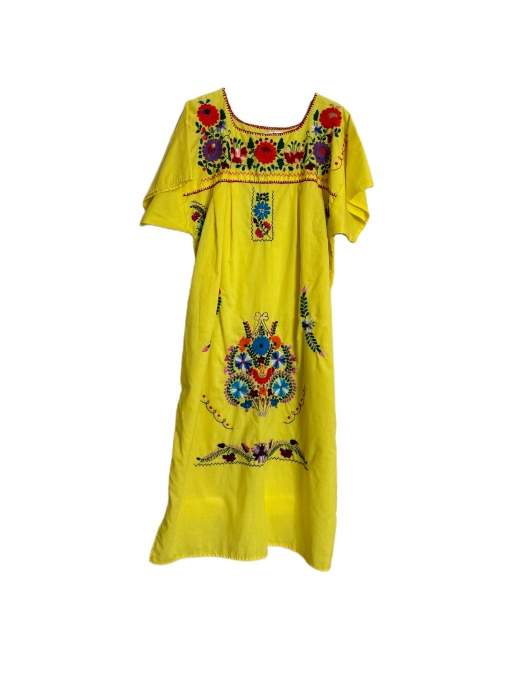 Traditional Mexican Yellow Huipil Dress Floral Hand Embroidered Cotton Sz Large